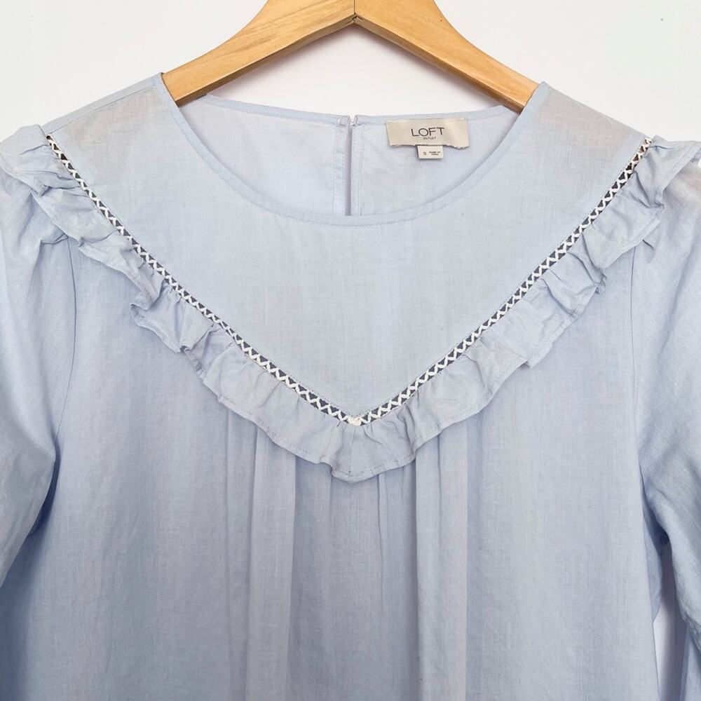 Loft Ruffle Blouse Long Sleeve Cotton Sheer Cottagecore Prairie Size Small Blue - Picture 2 of 16